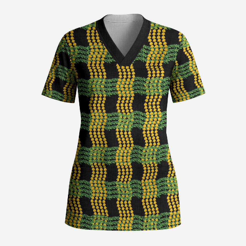 Aloha Hawaii Ilima Maile Lei Scrub Top Palaka Inspired Hawaiian-plaid Black LT14 Adult Black - Polynesian Pride