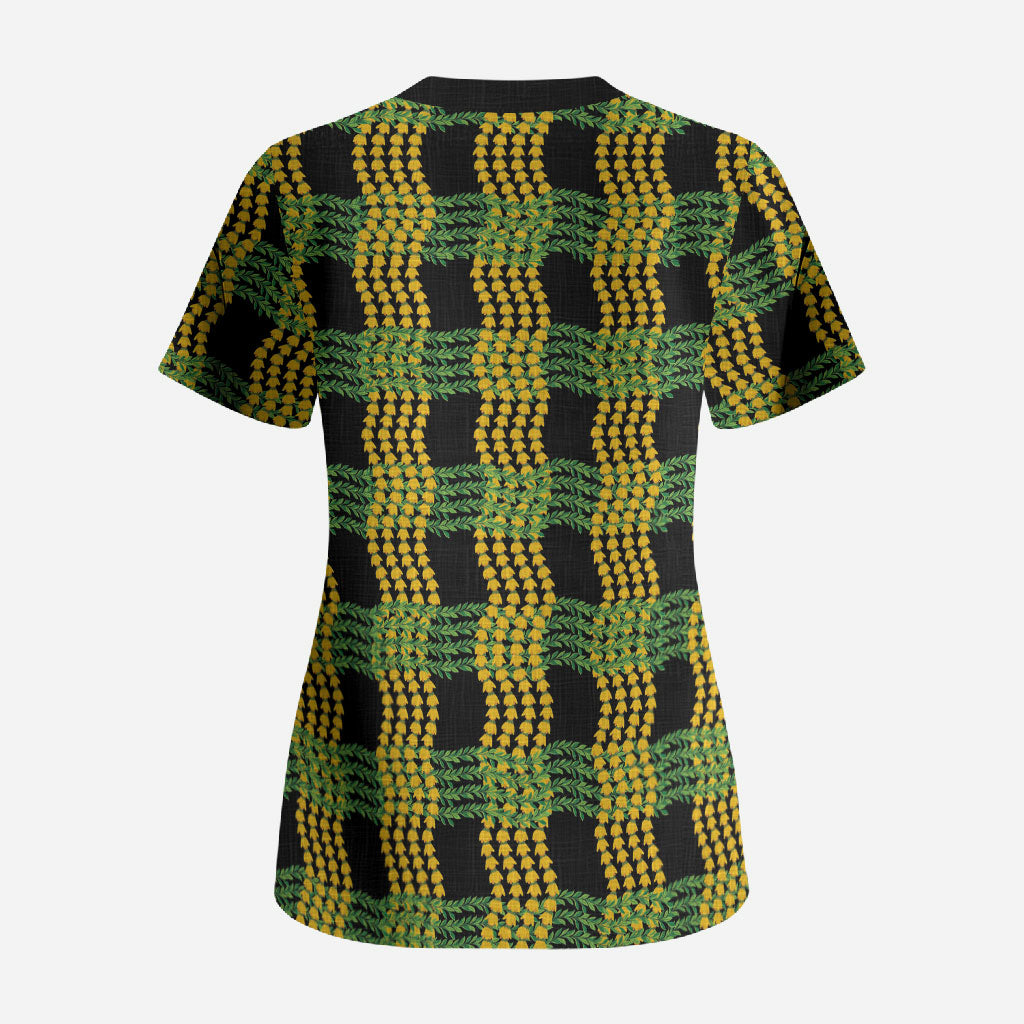 Aloha Hawaii Ilima Maile Lei Scrub Top Palaka Inspired Hawaiian-plaid Black