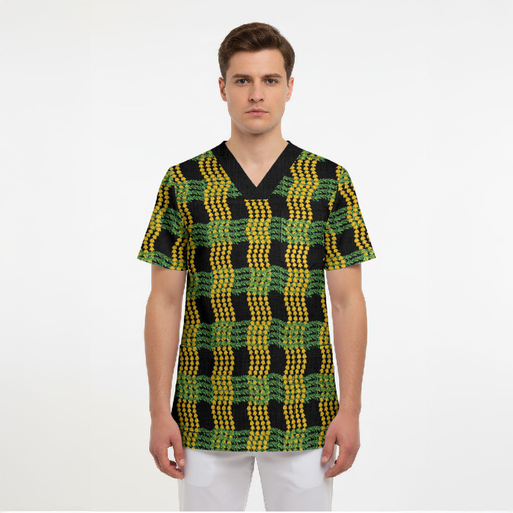 Aloha Hawaii Ilima Maile Lei Scrub Top Palaka Inspired Hawaiian-plaid Black