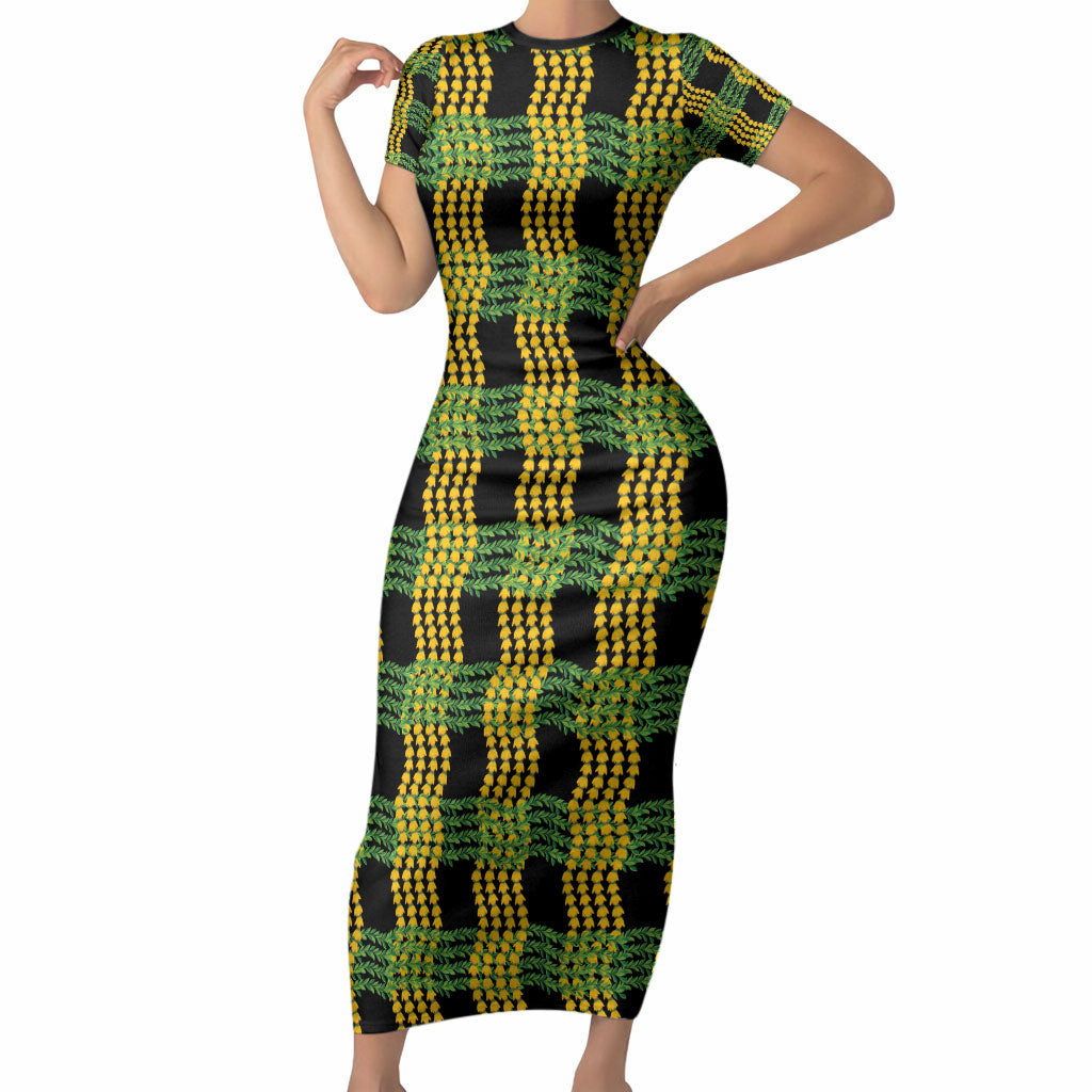 Aloha Hawaii Ilima Maile Lei Short Sleeve Bodycon Dress Palaka Inspired Hawaiian-plaid Black