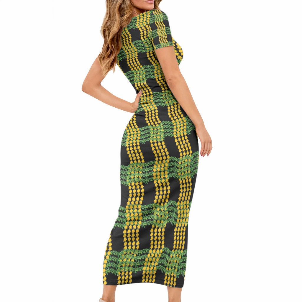 Aloha Hawaii Ilima Maile Lei Short Sleeve Bodycon Dress Palaka Inspired Hawaiian-plaid Black