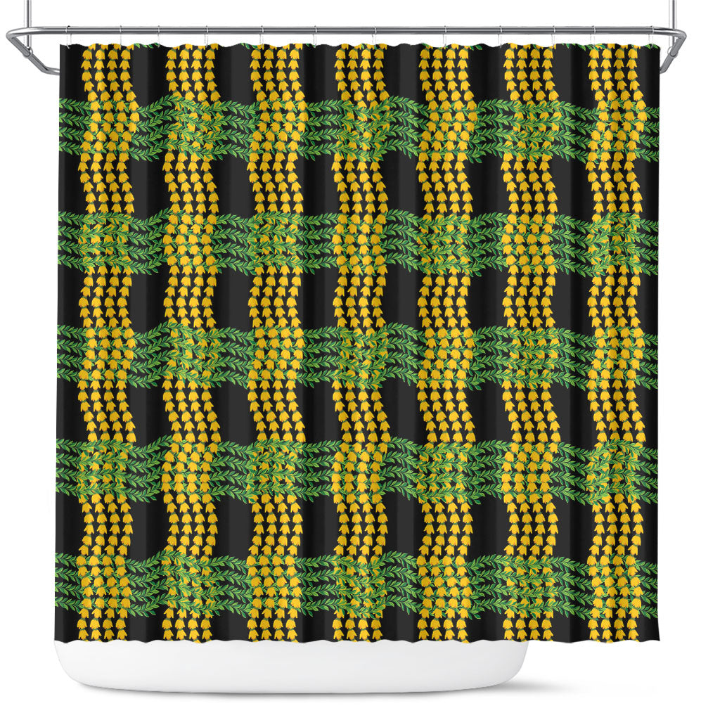 Aloha Hawaii Ilima Maile Lei Shower Curtain Palaka Inspired Hawaiian-plaid Black