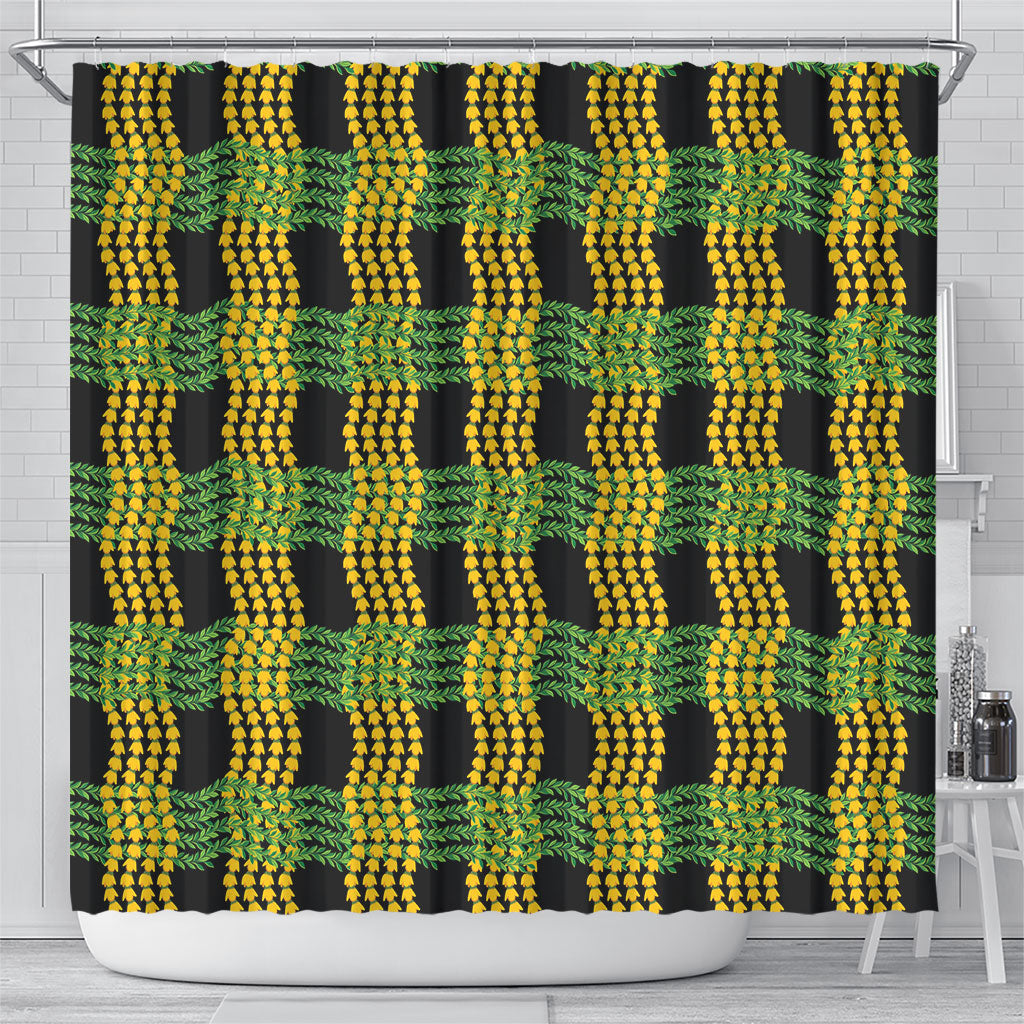 Aloha Hawaii Ilima Maile Lei Shower Curtain Palaka Inspired Hawaiian-plaid Black