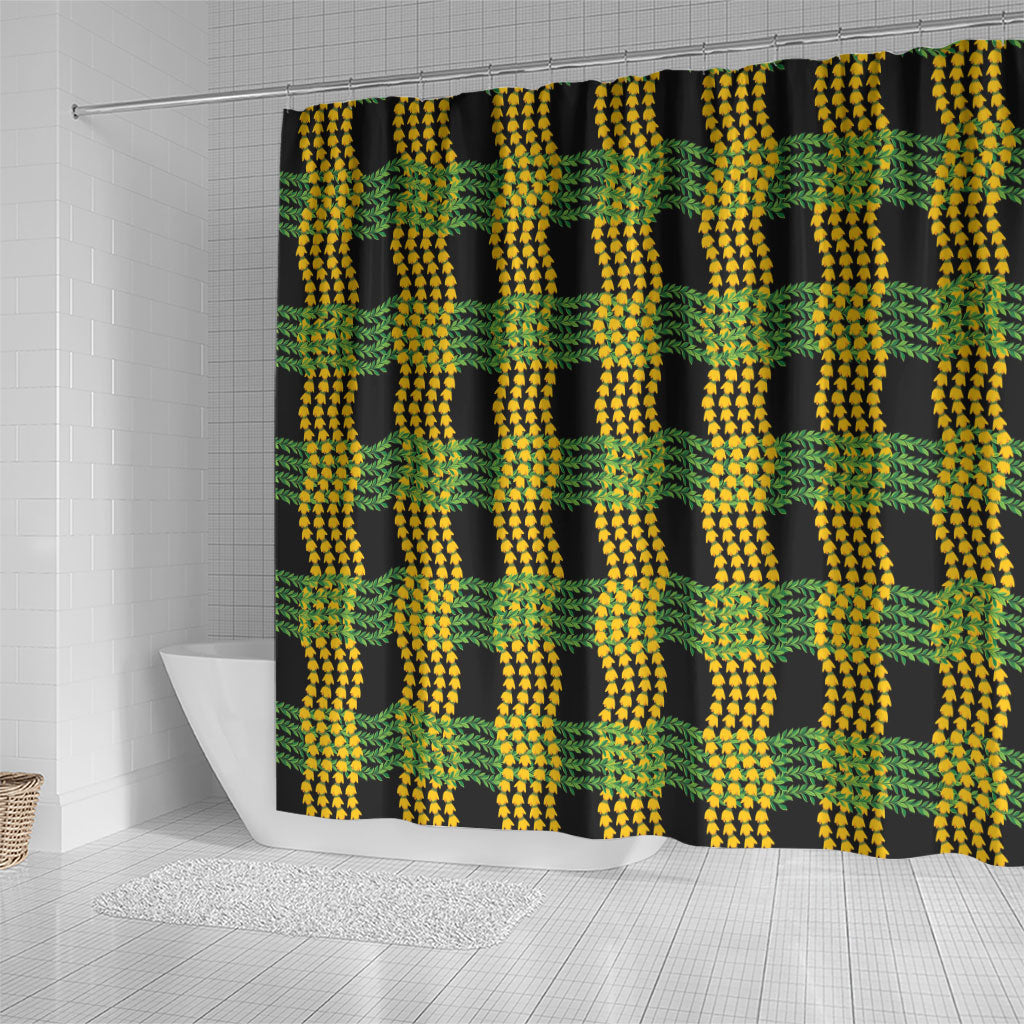 Aloha Hawaii Ilima Maile Lei Shower Curtain Palaka Inspired Hawaiian-plaid Black