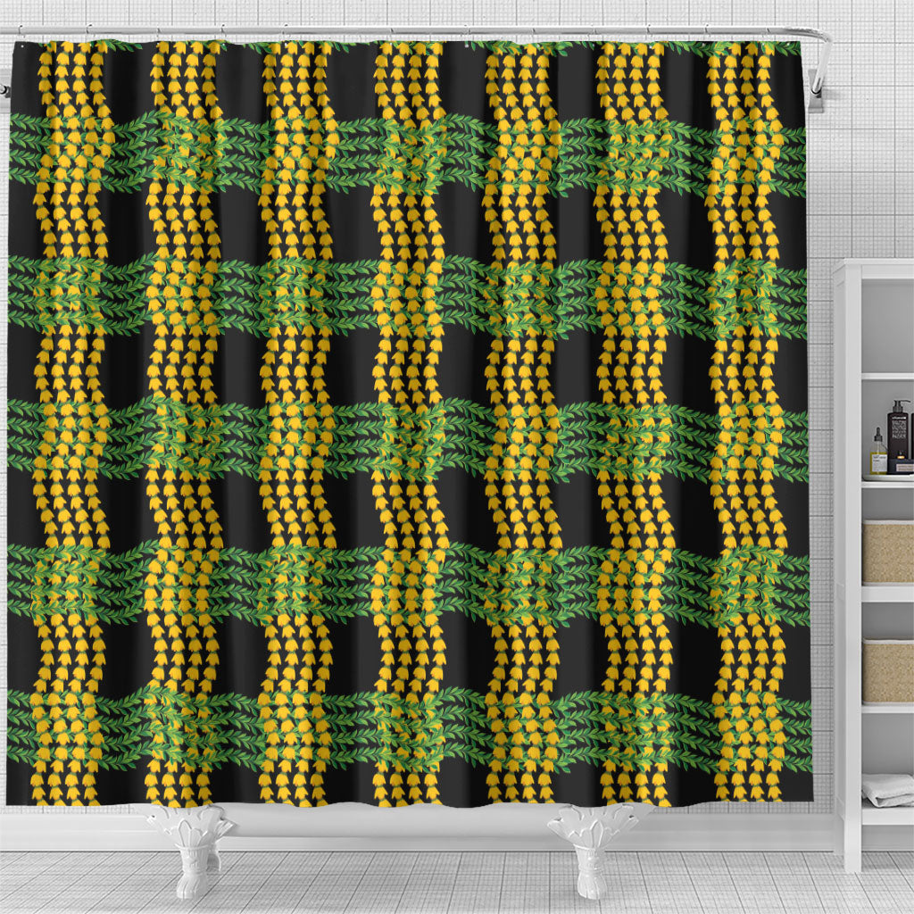Aloha Hawaii Ilima Maile Lei Shower Curtain Palaka Inspired Hawaiian-plaid Black