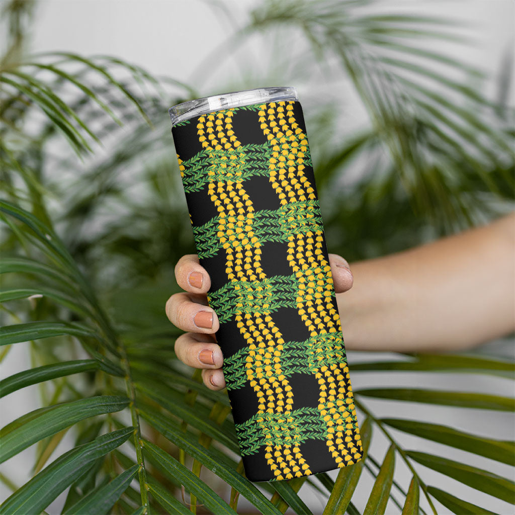 Aloha Hawaii Ilima Maile Lei Skinny Tumbler Palaka Inspired Hawaiian-plaid Black