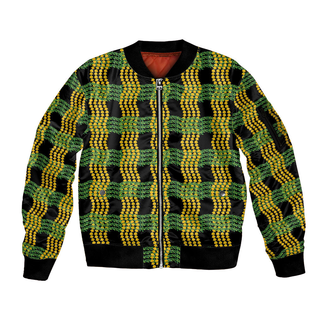 Aloha Hawaii Ilima Maile Lei Sleeve Zip Bomber Jacket Palaka Inspired Hawaiian-plaid Black