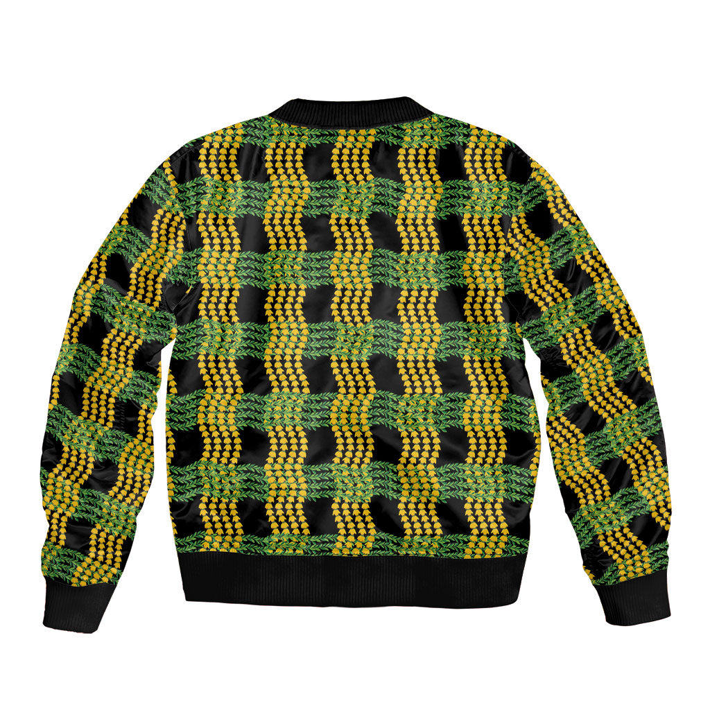 Aloha Hawaii Ilima Maile Lei Sleeve Zip Bomber Jacket Palaka Inspired Hawaiian-plaid Black
