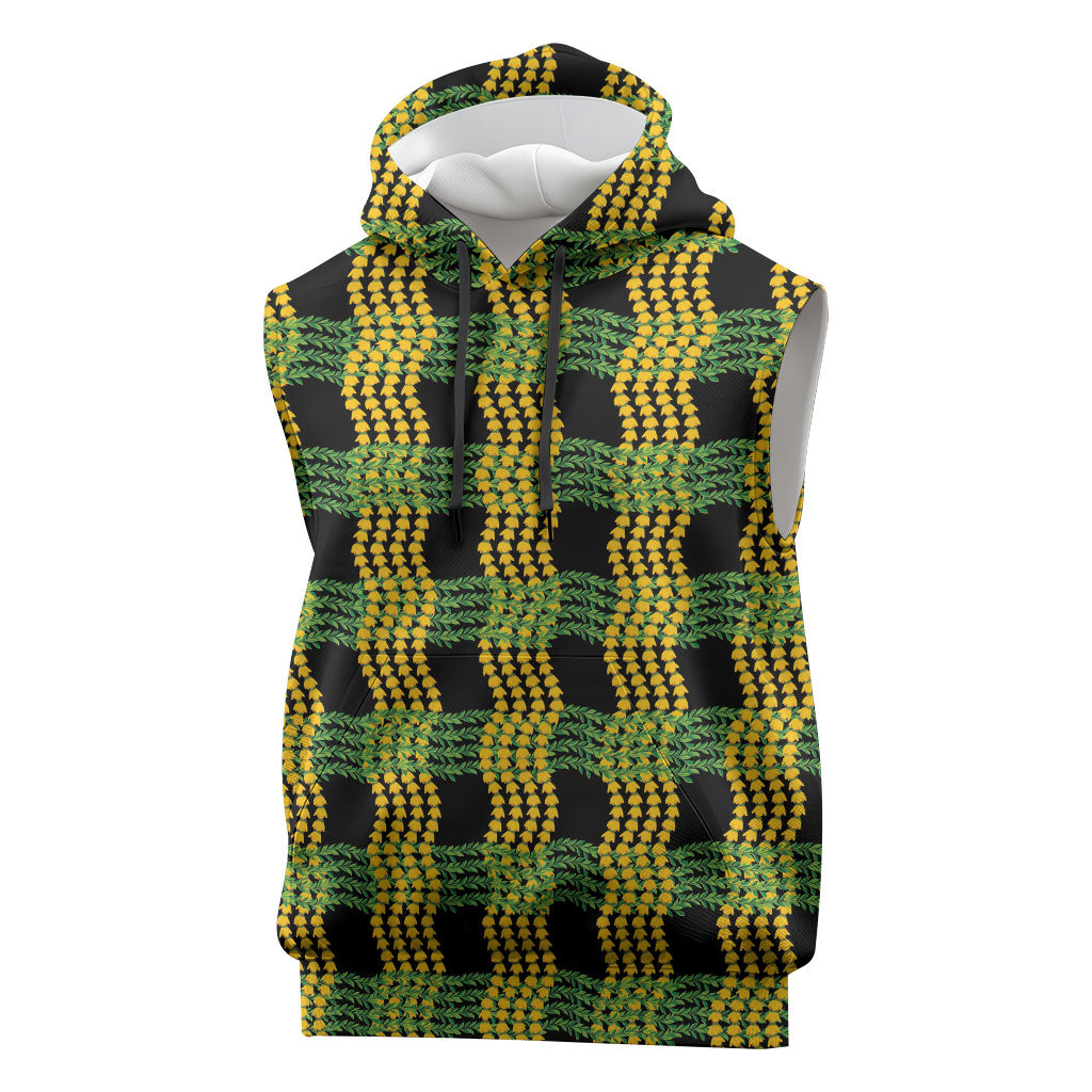 Aloha Hawaii Ilima Maile Lei Sleeveless Hoodie Palaka Inspired Hawaiian-plaid Black LT14 Black - Polynesian Pride