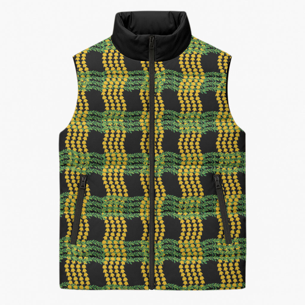 Aloha Hawaii Ilima Maile Lei Sleeveless Puffer Jacket Palaka Inspired Hawaiian-plaid Black