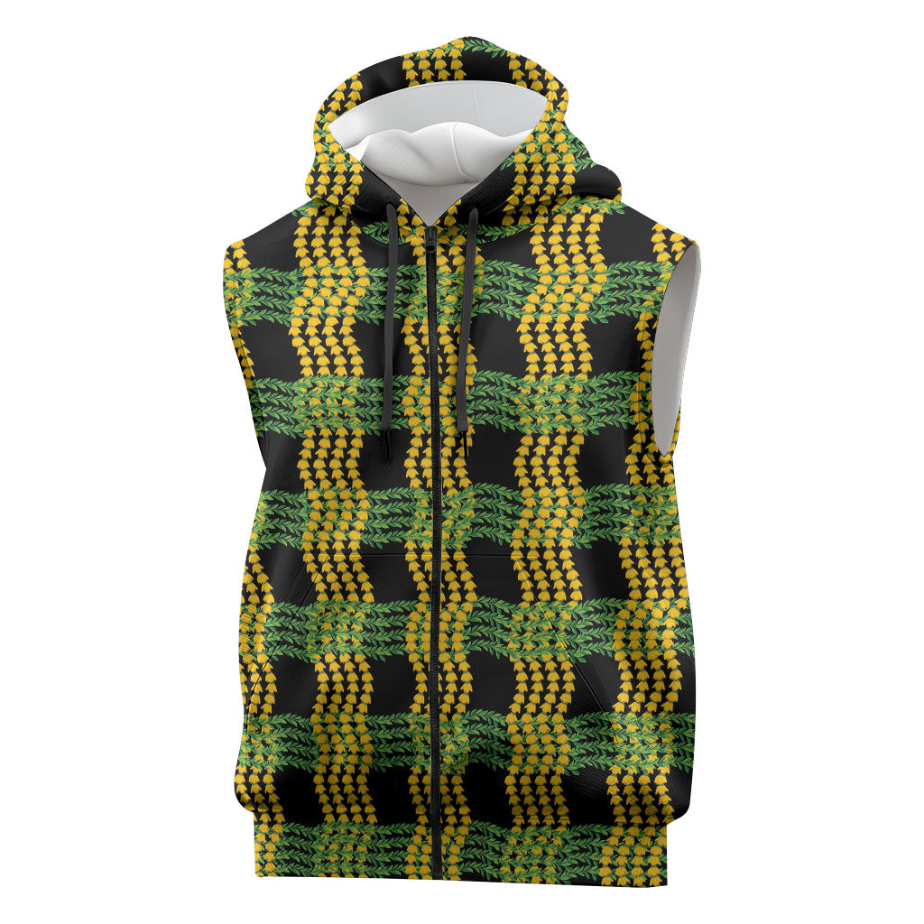 Aloha Hawaii Ilima Maile Lei Sleeveless Zip Hoodie Palaka Inspired Hawaiian-plaid Black