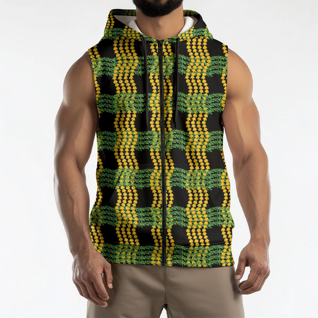 Aloha Hawaii Ilima Maile Lei Sleeveless Zip Hoodie Palaka Inspired Hawaiian-plaid Black