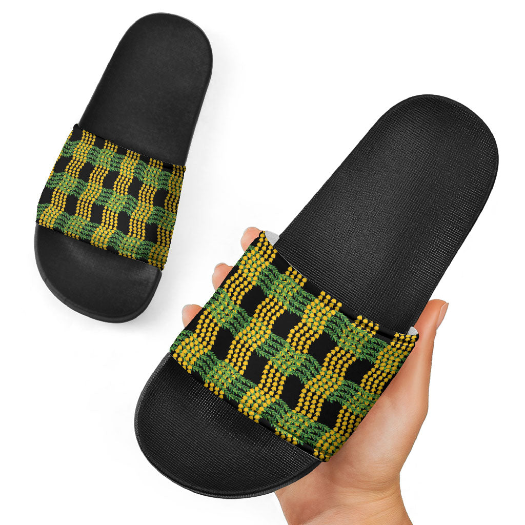 Aloha Hawaii Ilima Maile Lei Slide Sandals Palaka Inspired Hawaiian-plaid Black