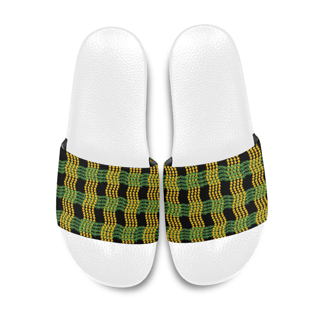 Aloha Hawaii Ilima Maile Lei Slide Sandals Palaka Inspired Hawaiian-plaid Black