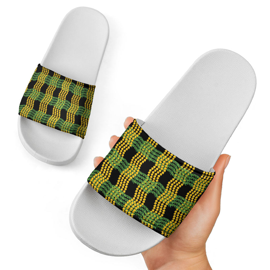 Aloha Hawaii Ilima Maile Lei Slide Sandals Palaka Inspired Hawaiian-plaid Black