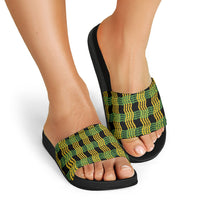 Aloha Hawaii Ilima Maile Lei Slide Sandals Palaka Inspired Hawaiian-plaid Black