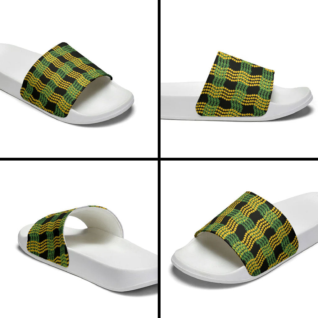 Aloha Hawaii Ilima Maile Lei Slide Sandals Palaka Inspired Hawaiian-plaid Black