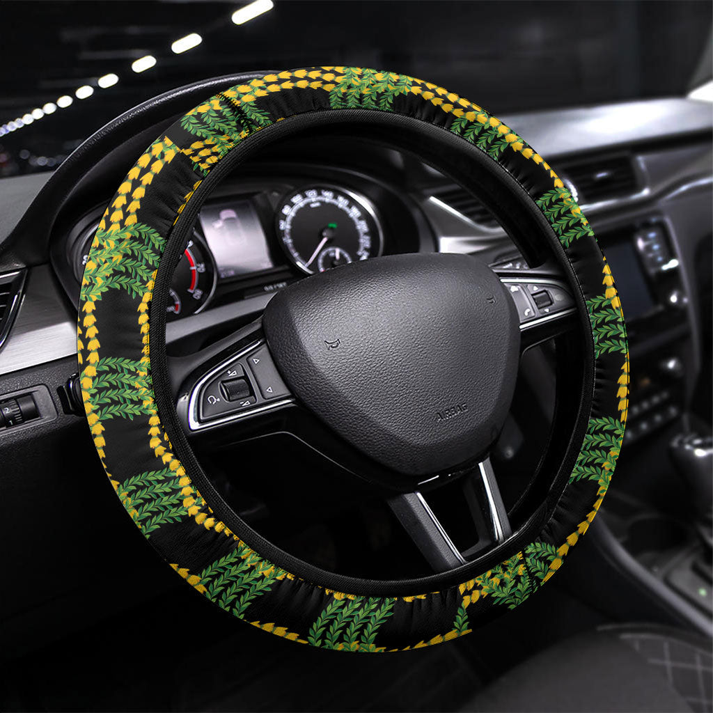 Aloha Hawaii Ilima Maile Lei Steering Wheel Cover Palaka Inspired Hawaiian-plaid Black