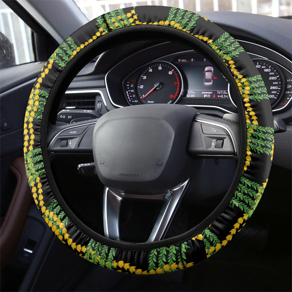Aloha Hawaii Ilima Maile Lei Steering Wheel Cover Palaka Inspired Hawaiian-plaid Black