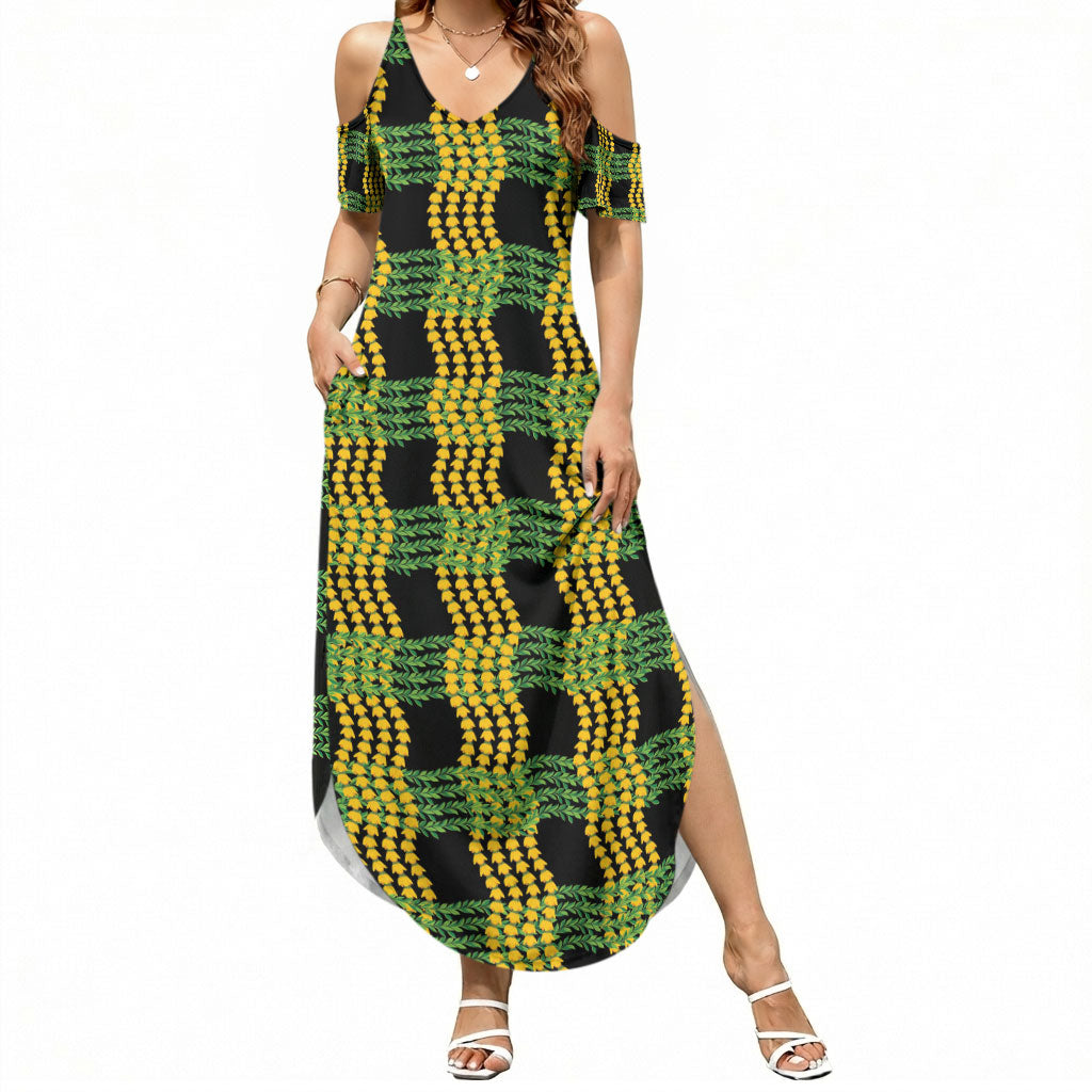 Aloha Hawaii Ilima Maile Lei Summer Maxi Dress Palaka Inspired Hawaiian-plaid Black