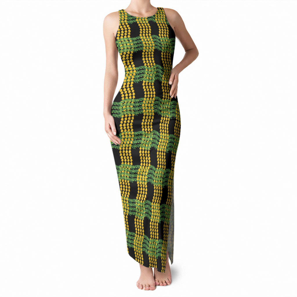 Aloha Hawaii Ilima Maile Lei Tank Maxi Dress Palaka Inspired Hawaiian-plaid Black
