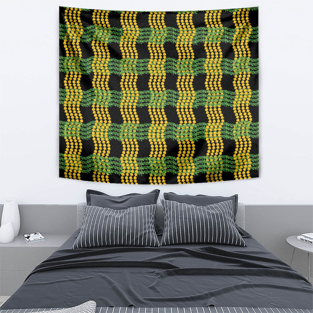 Aloha Hawaii Ilima Maile Lei Tapestry Palaka Inspired Hawaiian-plaid Black