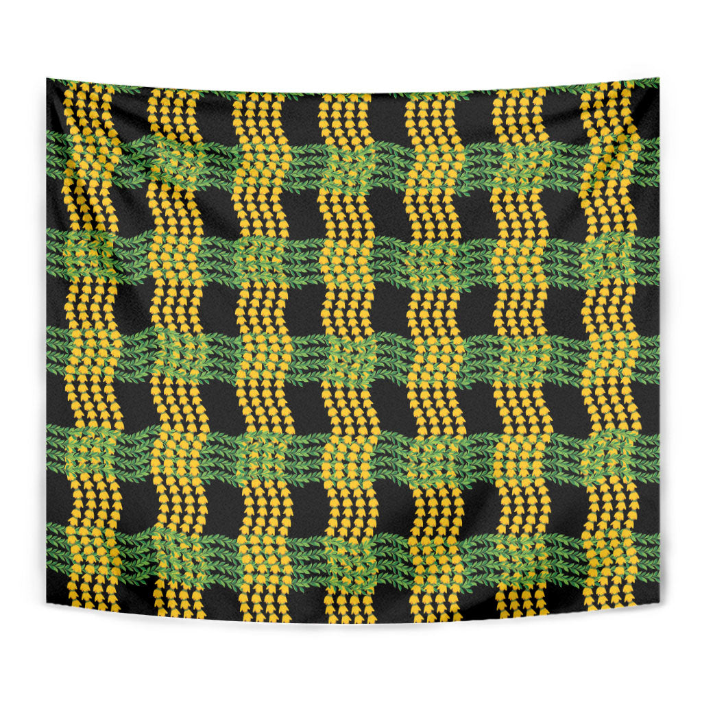 Aloha Hawaii Ilima Maile Lei Tapestry Palaka Inspired Hawaiian-plaid Black
