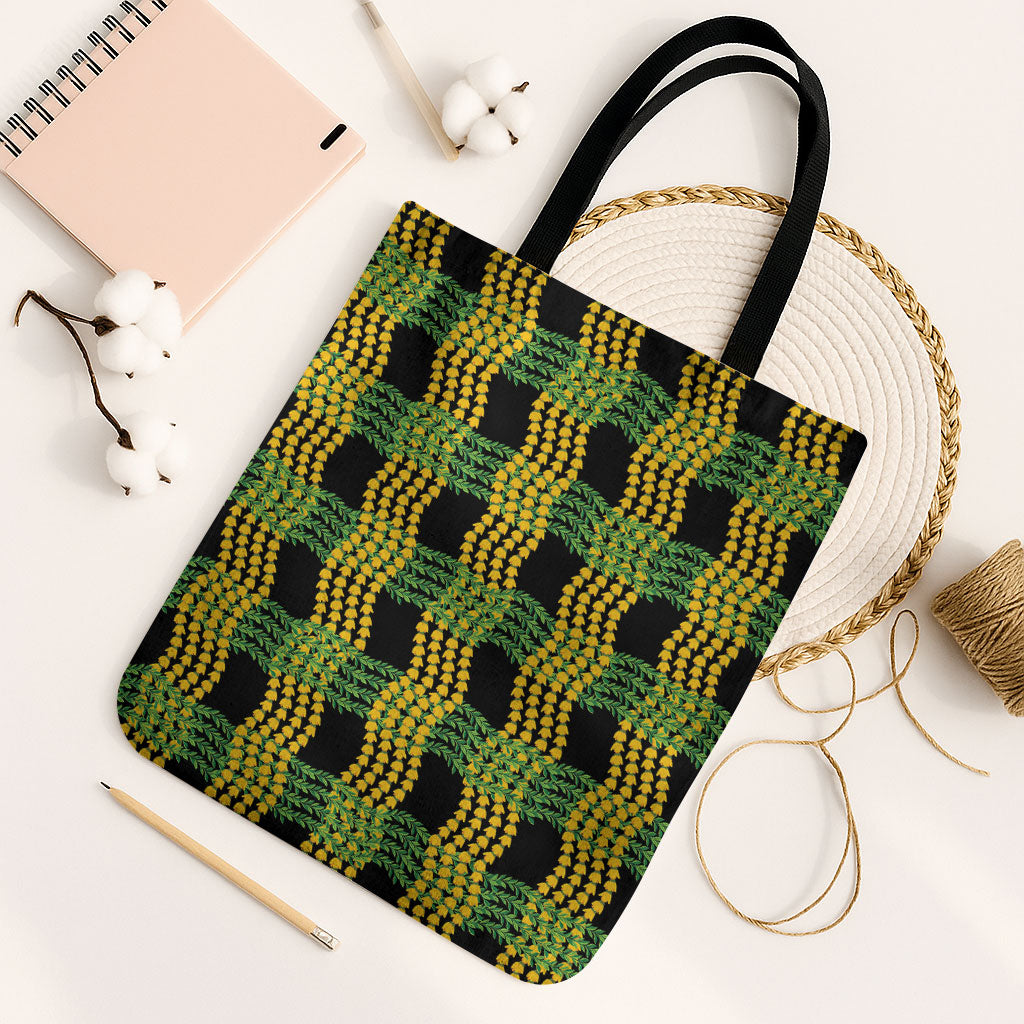 Aloha Hawaii Ilima Maile Lei Tote Bag Palaka Inspired Hawaiian-plaid Black LT14 Black Strap One Size Black - Polynesian Pride