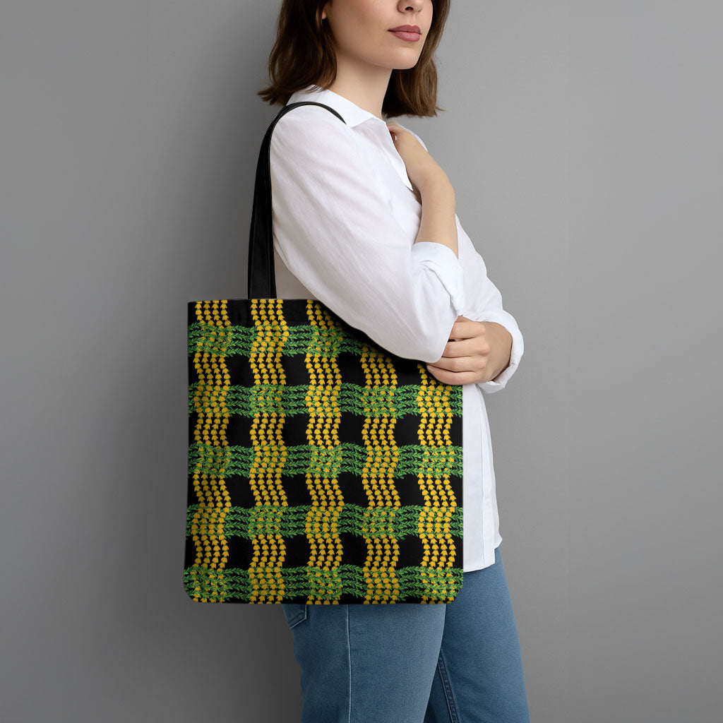 Aloha Hawaii Ilima Maile Lei Tote Bag Palaka Inspired Hawaiian-plaid Black