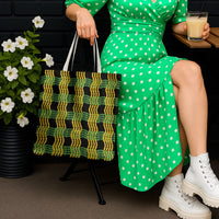 Aloha Hawaii Ilima Maile Lei Tote Bag Palaka Inspired Hawaiian-plaid Black