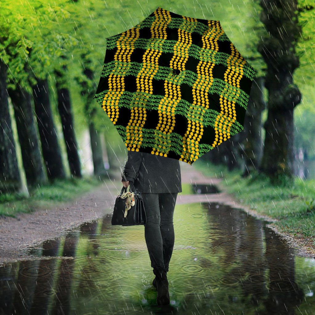 Aloha Hawaii Ilima Maile Lei Umbrella Palaka Inspired Hawaiian-plaid Black