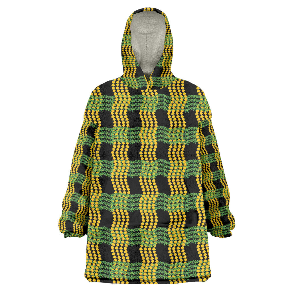 Aloha Hawaii Ilima Maile Lei Wearable Blanket Hoodie Palaka Inspired Hawaiian-plaid Black