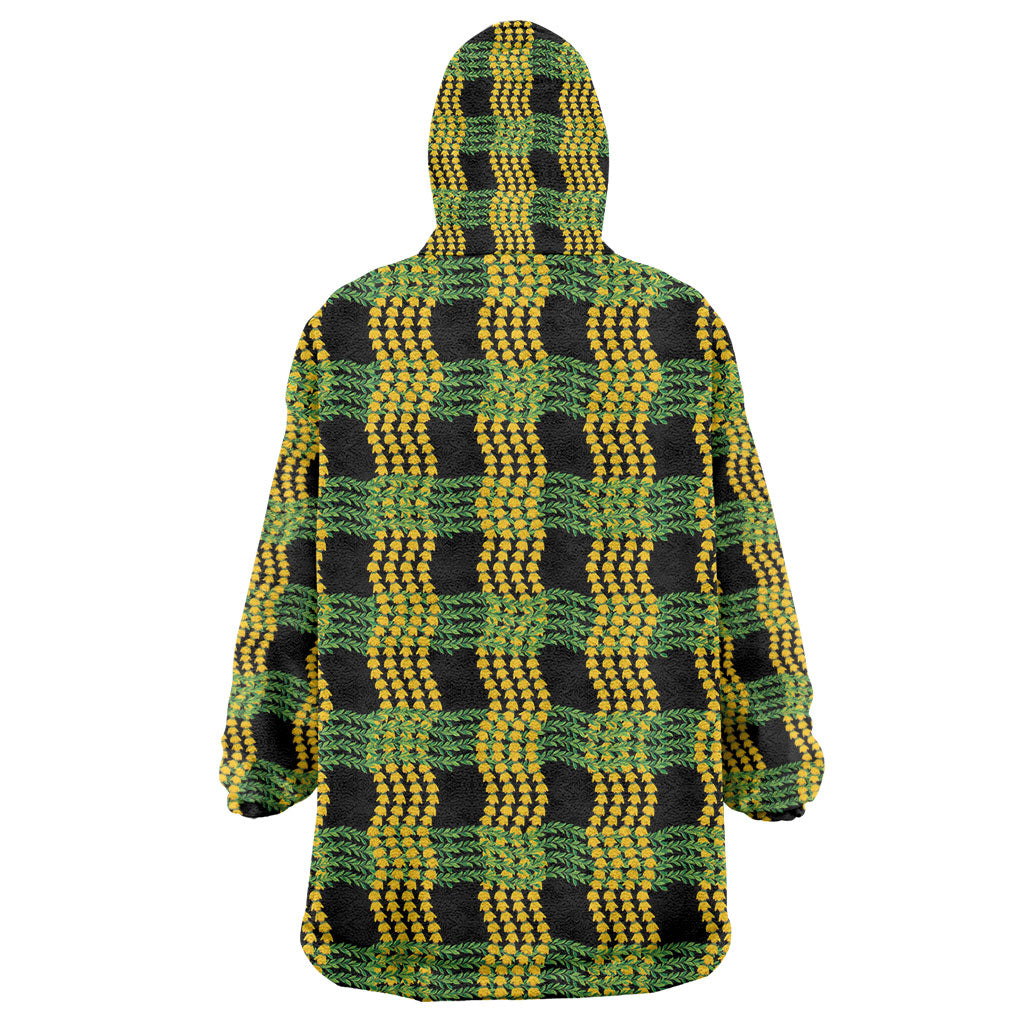 Aloha Hawaii Ilima Maile Lei Wearable Blanket Hoodie Palaka Inspired Hawaiian-plaid Black