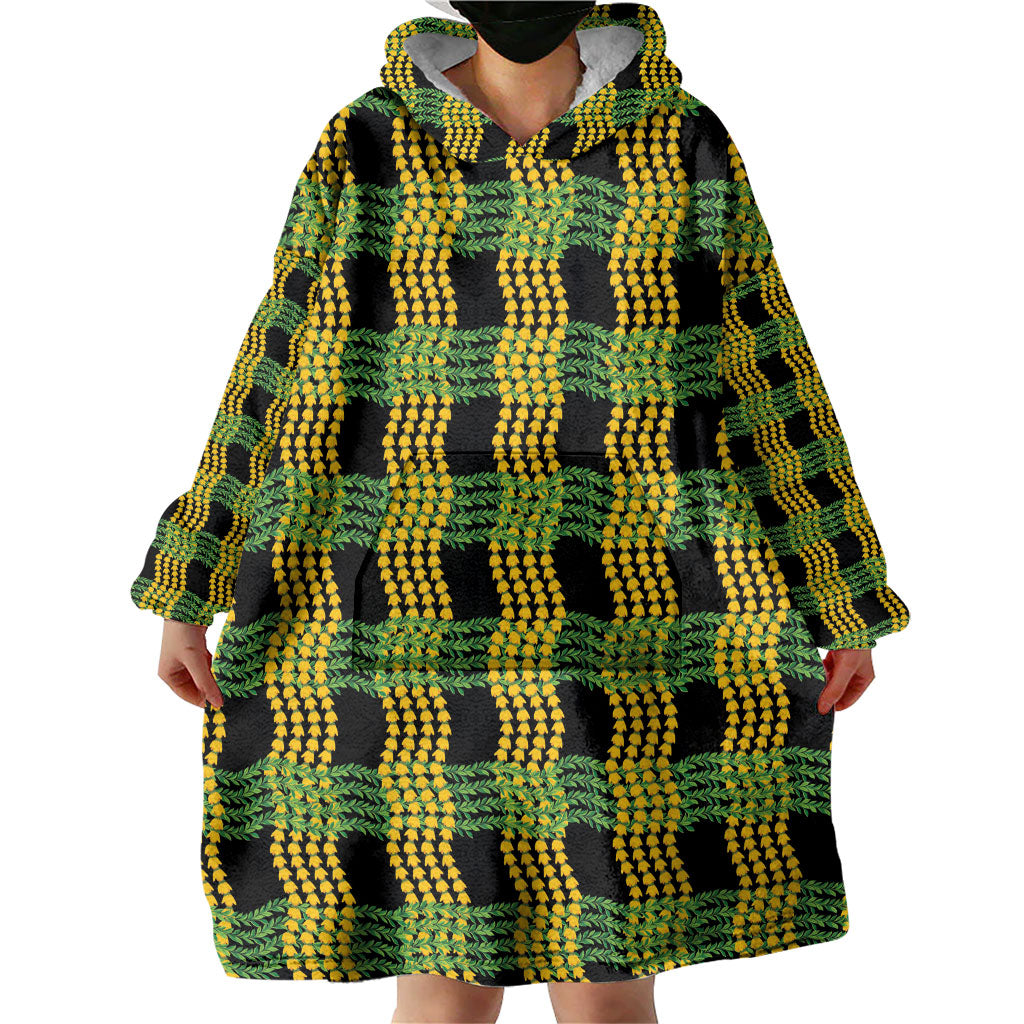 Aloha Hawaii Ilima Maile Lei Wearable Blanket Hoodie Palaka Inspired Hawaiian-plaid Black