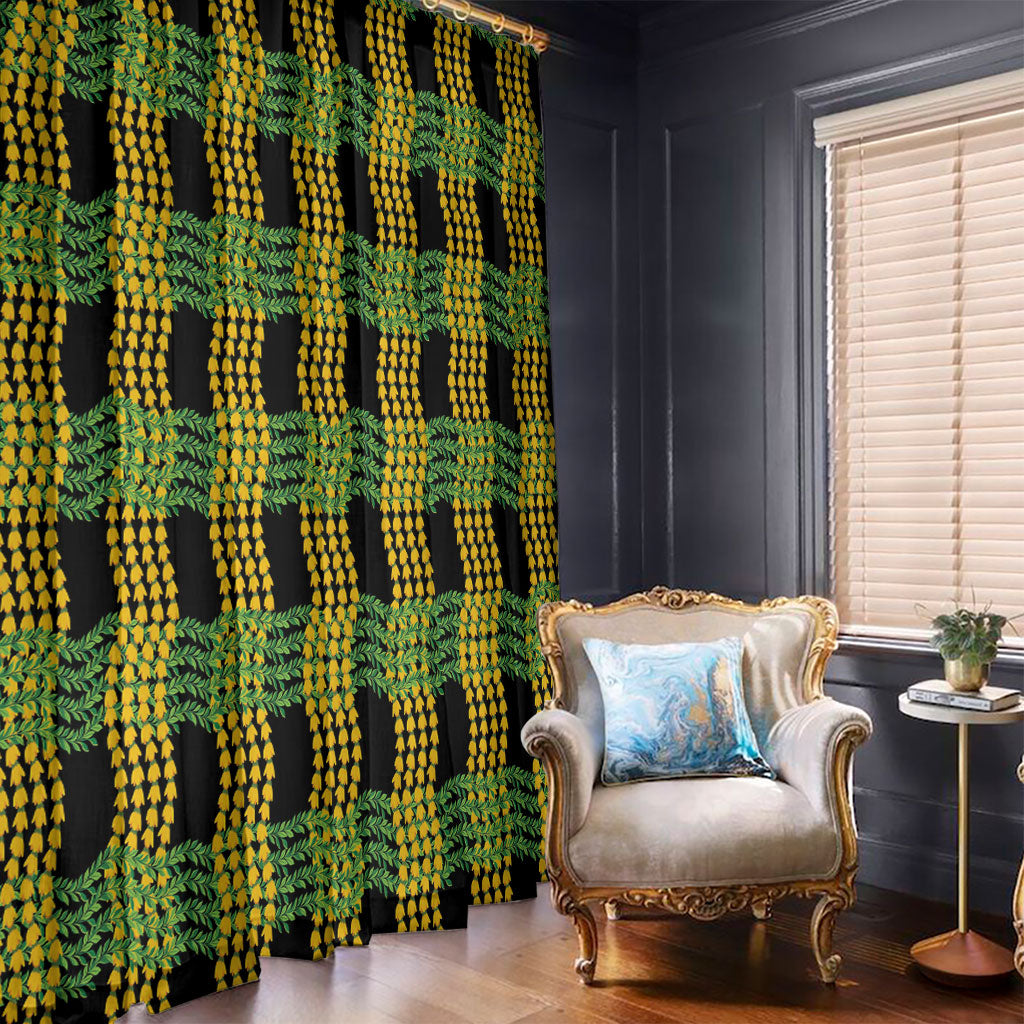 Aloha Hawaii Ilima Maile Lei Window Curtain Palaka Inspired Hawaiian-plaid Black