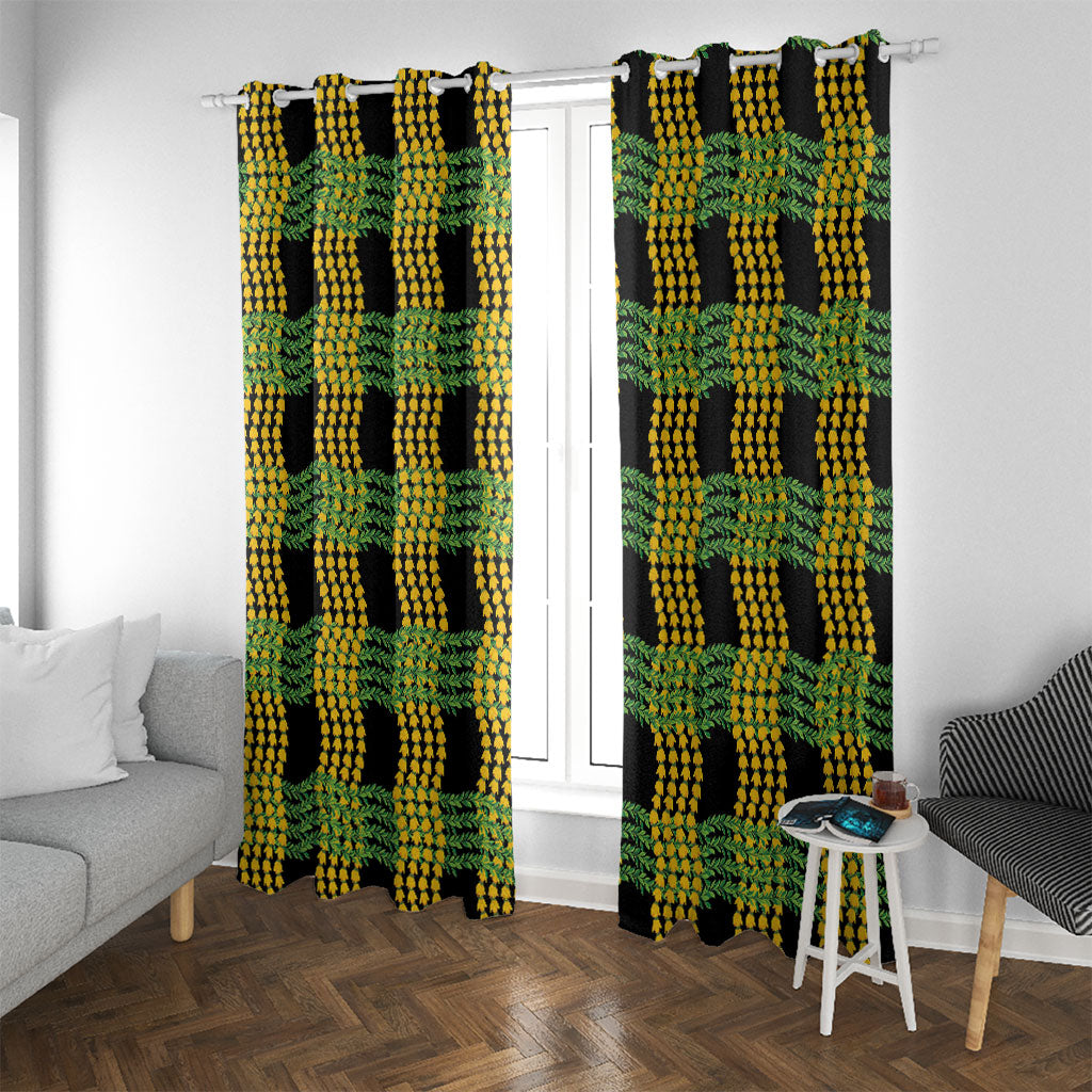 Aloha Hawaii Ilima Maile Lei Window Curtain Palaka Inspired Hawaiian-plaid Black