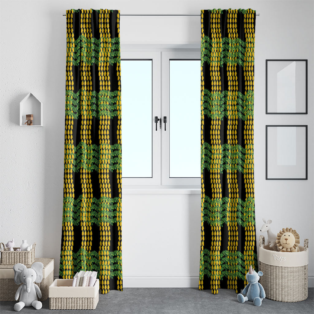 Aloha Hawaii Ilima Maile Lei Window Curtain Palaka Inspired Hawaiian-plaid Black