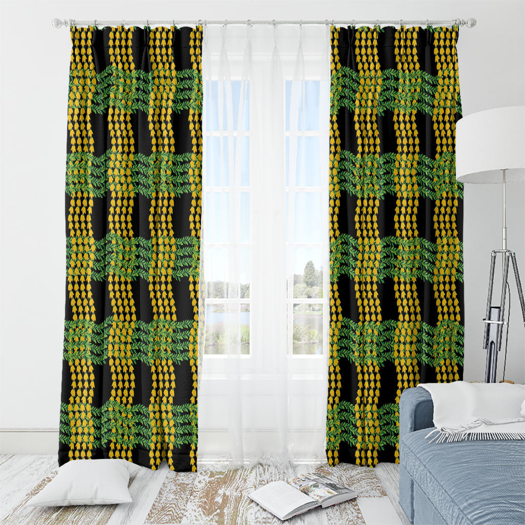 Aloha Hawaii Ilima Maile Lei Window Curtain Palaka Inspired Hawaiian-plaid Black