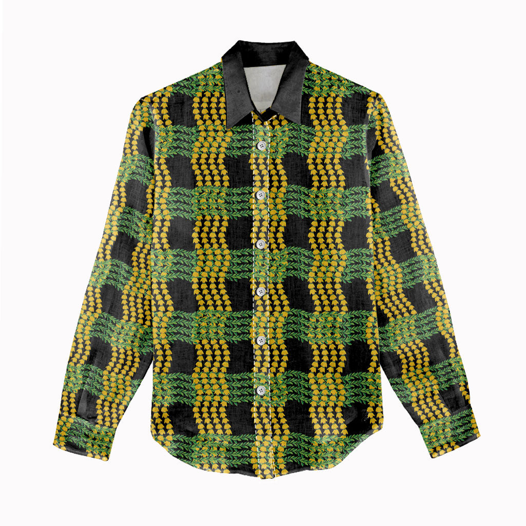 Aloha Hawaii Ilima Maile Lei Women Casual Shirt Palaka Inspired Hawaiian-plaid Black