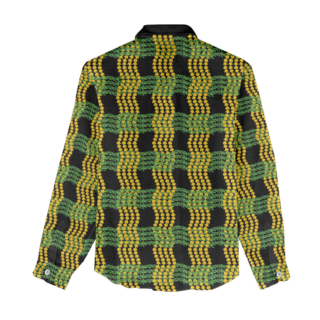 Aloha Hawaii Ilima Maile Lei Women Casual Shirt Palaka Inspired Hawaiian-plaid Black