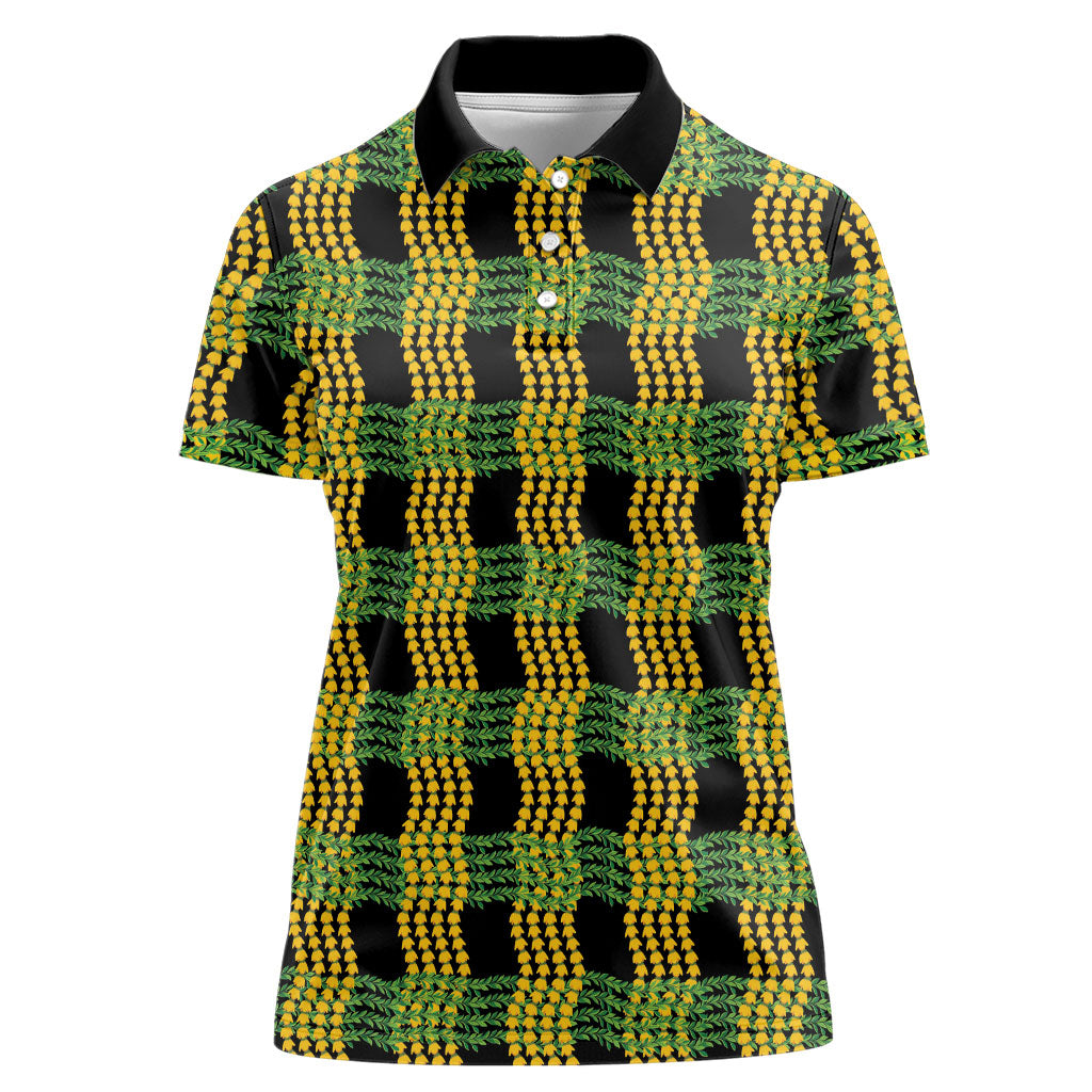 Aloha Hawaii Ilima Maile Lei Women Polo Shirt Palaka Inspired Hawaiian-plaid Black
