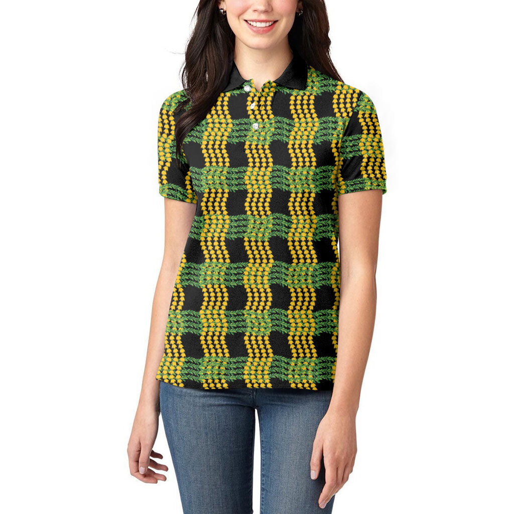 Aloha Hawaii Ilima Maile Lei Women Polo Shirt Palaka Inspired Hawaiian-plaid Black