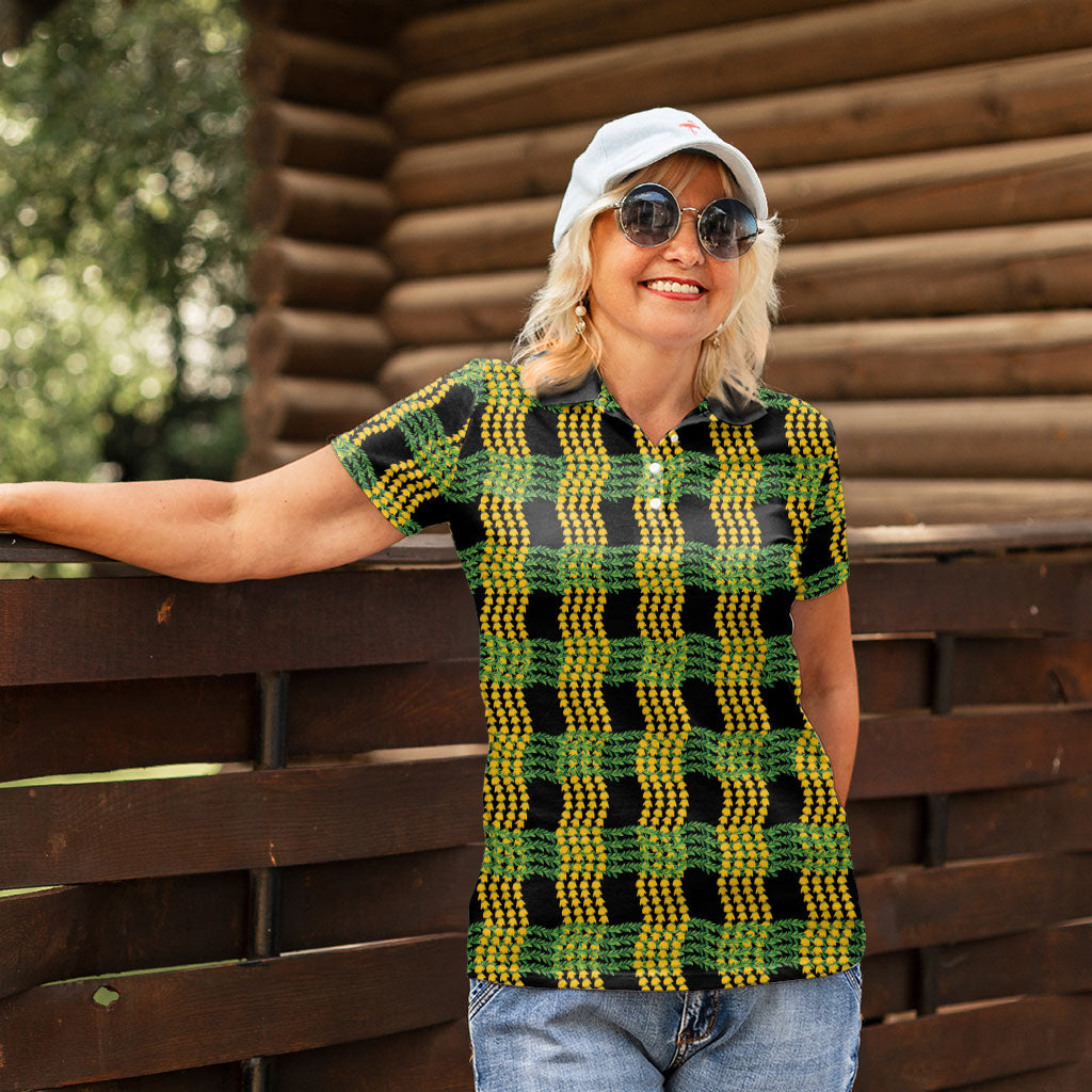 Aloha Hawaii Ilima Maile Lei Women Polo Shirt Palaka Inspired Hawaiian-plaid Black