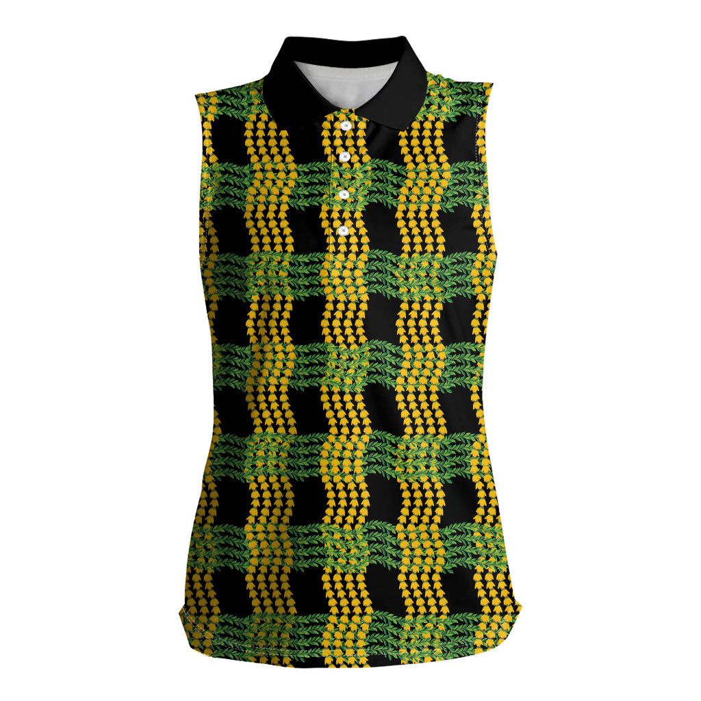Aloha Hawaii Ilima Maile Lei Women Sleeveless Polo Shirt Palaka Inspired Hawaiian-plaid Black