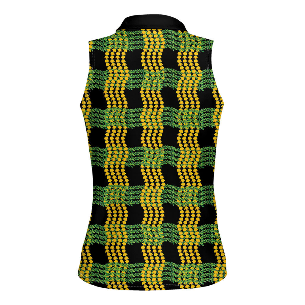 Aloha Hawaii Ilima Maile Lei Women Sleeveless Polo Shirt Palaka Inspired Hawaiian-plaid Black