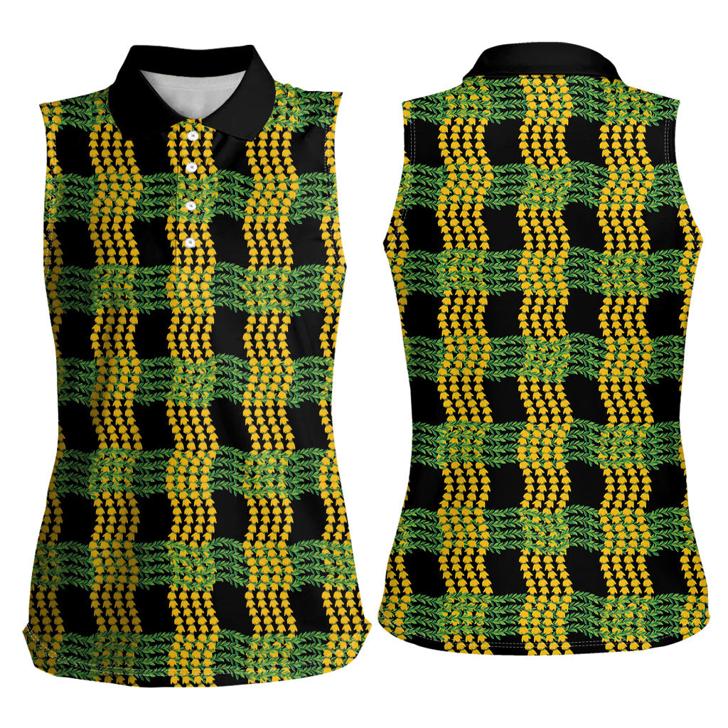 Aloha Hawaii Ilima Maile Lei Women Sleeveless Polo Shirt Palaka Inspired Hawaiian-plaid Black