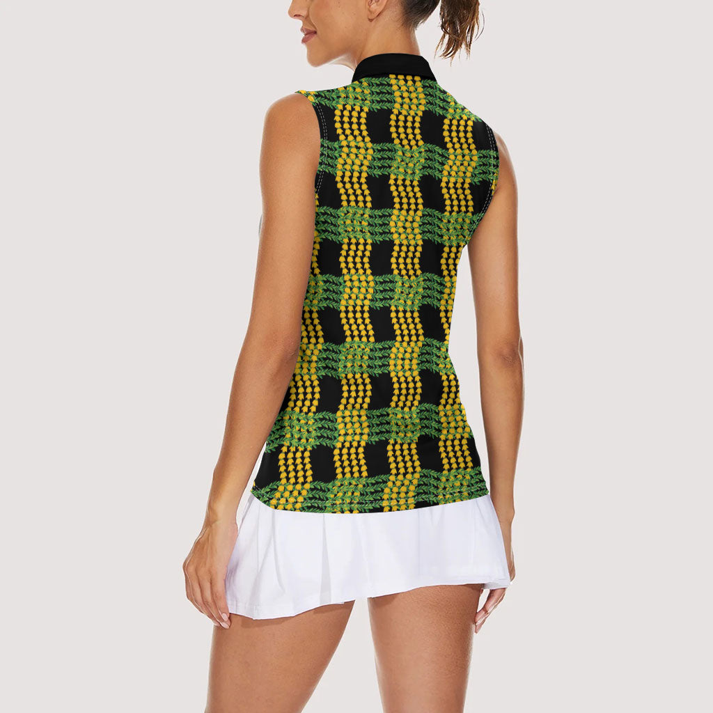 Aloha Hawaii Ilima Maile Lei Women Sleeveless Polo Shirt Palaka Inspired Hawaiian-plaid Black