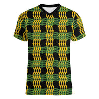 Aloha Hawaii Ilima Maile Lei Women V-Neck T-Shirt Palaka Inspired Hawaiian-plaid Black