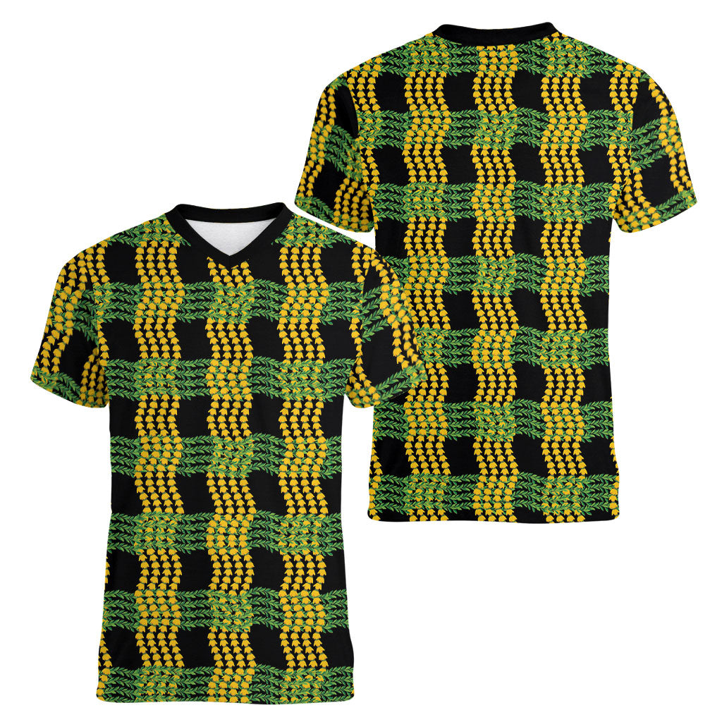 Aloha Hawaii Ilima Maile Lei Women V-Neck T-Shirt Palaka Inspired Hawaiian-plaid Black