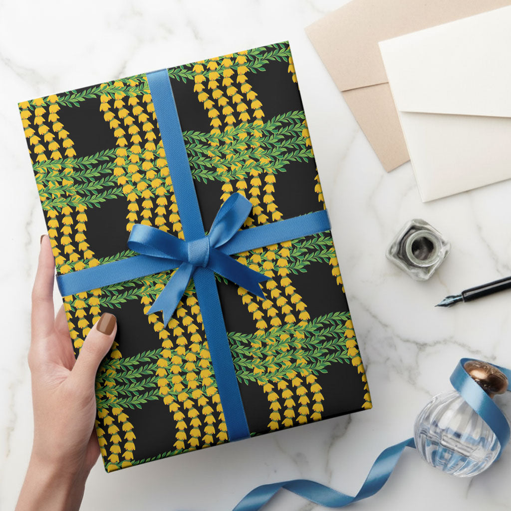 Aloha Hawaii Ilima Maile Lei Wrapping Paper Palaka Inspired Hawaiian-plaid Black